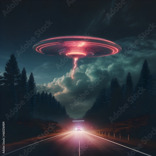 Ufo flying over forest scenery on the road night landscape sci fi