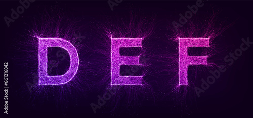 Artificial intelligence futuristic alphabet with thin expansion glowing lines. DEF. Neural network, machine learning, quantum computer, big data. Overlay color, easy to change. Vector illustration