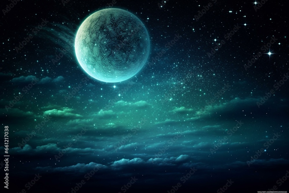 Glowing moon in night sky with stars. Generative AI