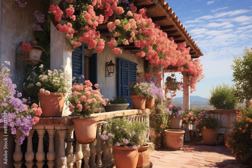 House veranda with blooms, pots, and sky-hued outside. Generative AI