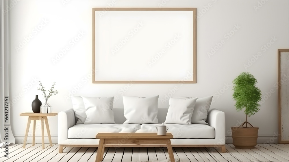 Sleek Interior Setting with Poster Frame Mockup, 3D Render - generative KI Sleek Interior Setting with Poster Frame Mockup, 3D Render - generative KI