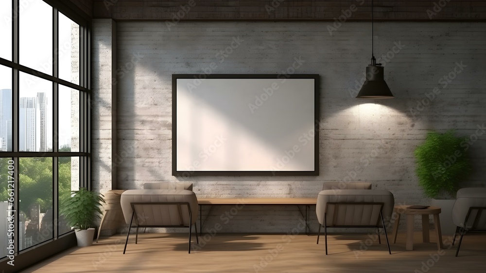 Sleek Interior Setting with Poster Frame Mockup, 3D Render - generative KI Sleek Interior Setting with Poster Frame Mockup, 3D Render - generative KI