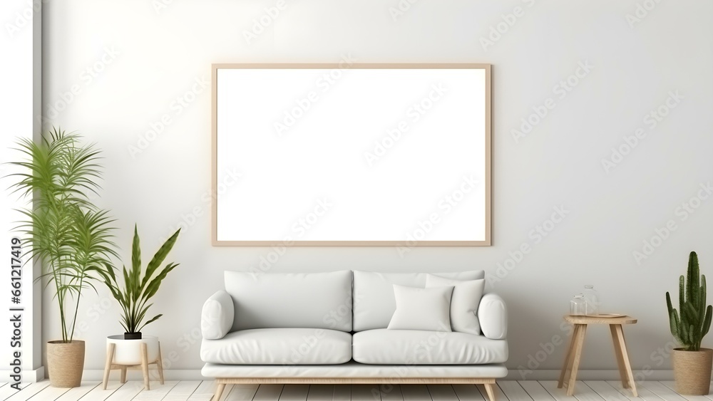 Fototapeta premium Sleek Interior Setting with Poster Frame Mockup, 3D Render - generative KI