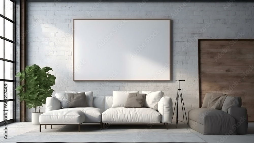 Sleek Interior Setting with Poster Frame Mockup, 3D Render - generative KI Sleek Interior Setting with Poster Frame Mockup, 3D Render - generative KI