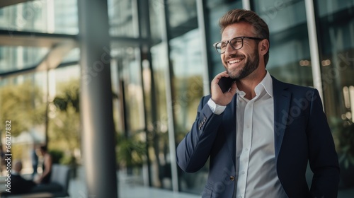 businessman in suit talking on the phone smiling