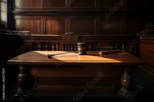 Legal proceedings: a wooden desk in a courtroom where justice is served by the presence of a gavel. Generative AI