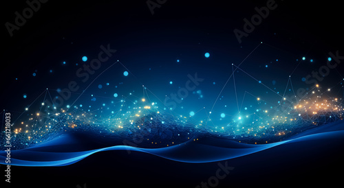 Abstract blue wave pattern background on dark background  in the style of precisionist lines  confetti-like dots  circuitry  smooth and curved line.