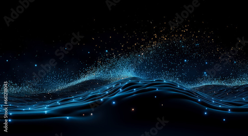 Abstract blue wave pattern background on dark background, in the style of precisionist lines, confetti-like dots, circuitry, smooth and curved line.