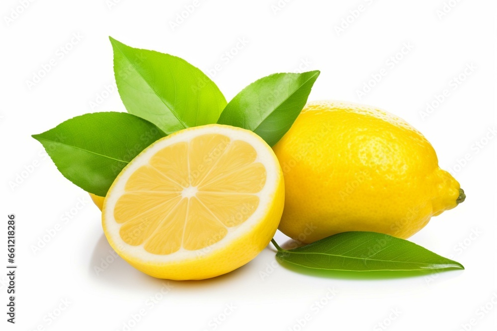 Isolated lemon fruit with leaf, whole, half, slice, leaves on white background. Lemon slices with zest isolated, with clipping path. Depth of field. Generative AI