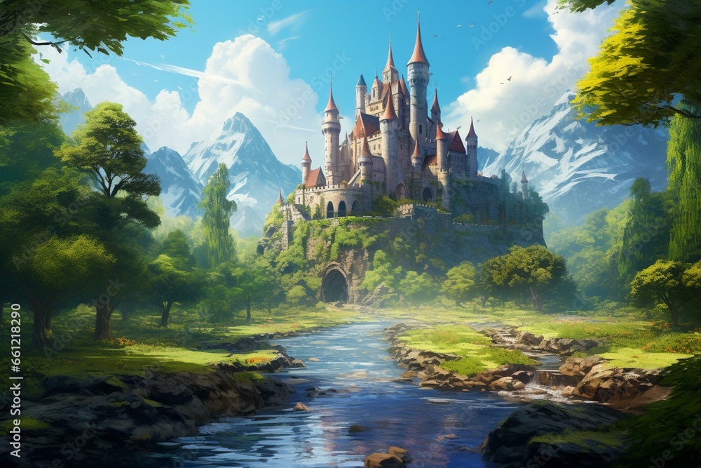 Illustration of a fantasy landscape with a castle in a forest. Generative AI