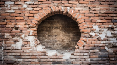 Round hole in an old brick masonry background.