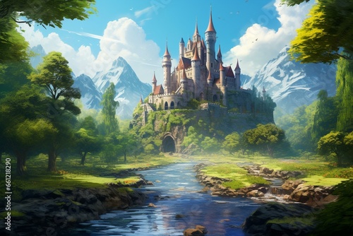 Illustration of a fantasy landscape with a castle in a forest. Generative AI