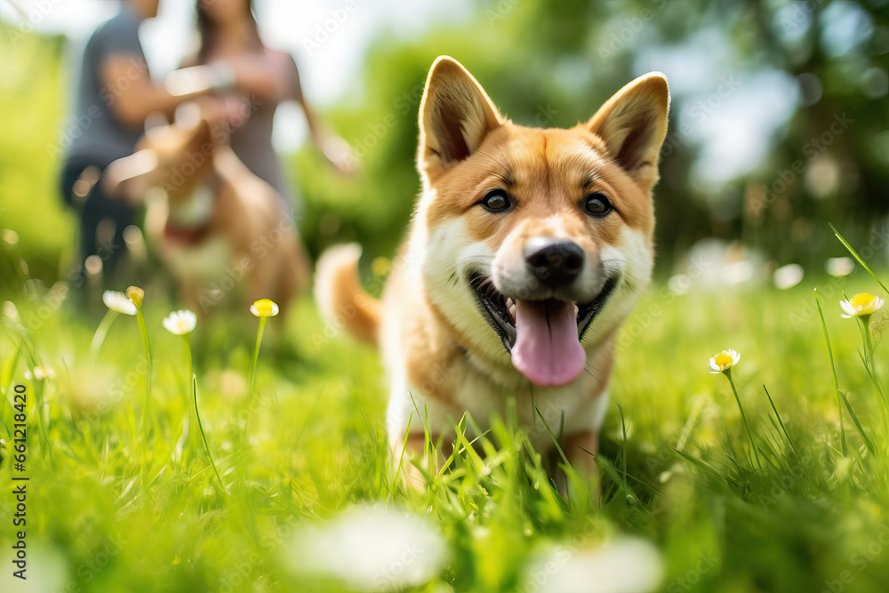 A person running with a dog in a beautiful grassy field A person running with a dog in a beautiful grassy field