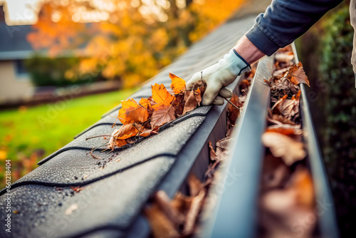 A person cleaning gutters by removing leaves