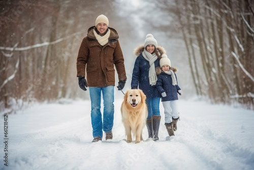 A family walking their dog in the winter snow