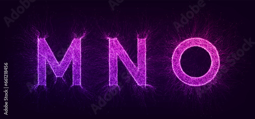Artificial intelligence futuristic alphabet with thin expansion glowing lines. MNO. Neural network, machine learning, quantum computer, big data. Overlay color, easy to change. Vector illustration