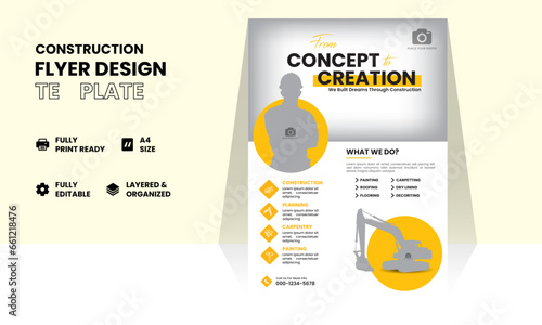 Construction company promotion blank brochure design. Employee photos. Template with free font use for text. Premade corporate reports. 