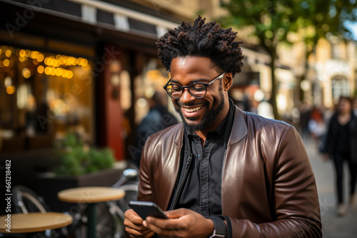 A black business man using his smartphone outside