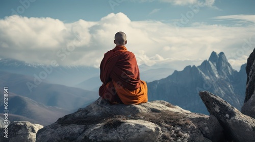 A monk meditates in nature