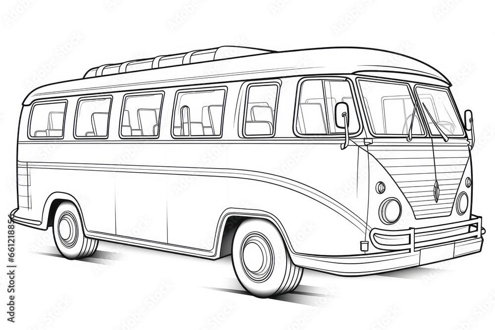 Bus coloring book page, in the style of elegant outlines, captivating, simple, graphic black outlines.