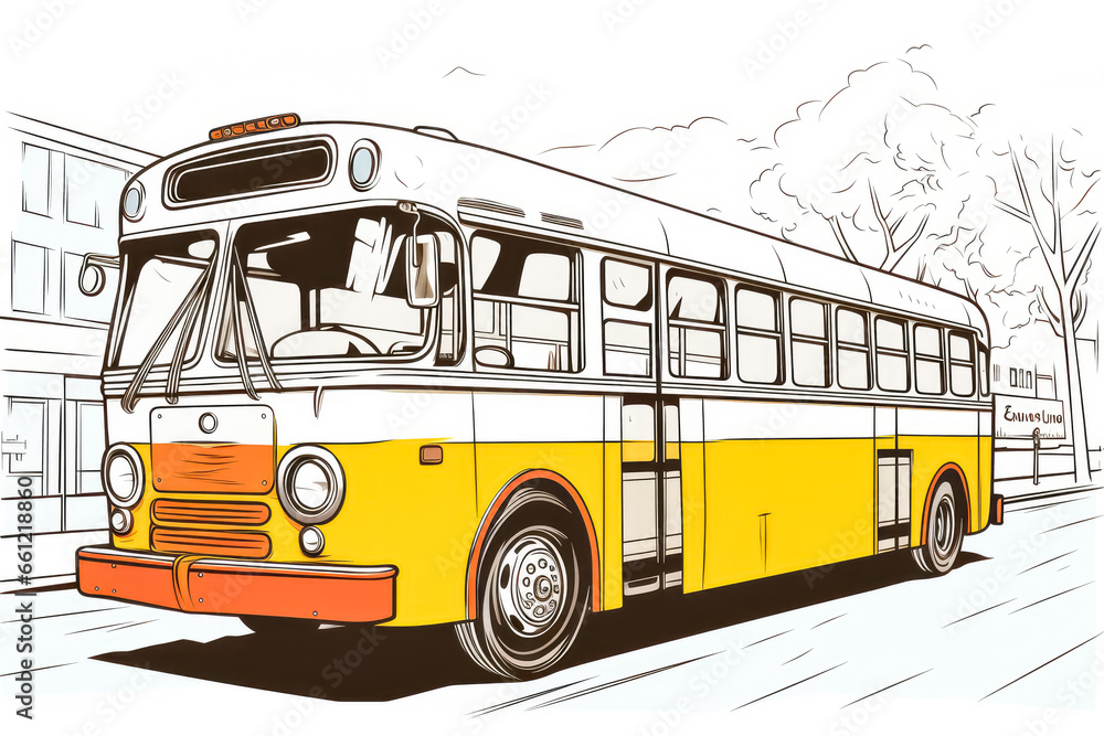 Bus coloring book page, in the style of elegant outlines, light brown and white, pure color, captivating, simple.