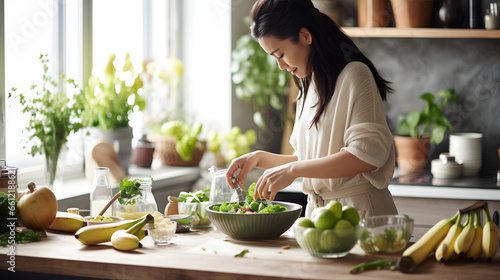 Photo of a bright kitchen setting with a woman of Asian descent preparing a green smoothie bowl, topped with sliced bananas, chia seeds, and kiwi