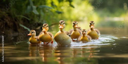 A group of adorable ducklings following their mother