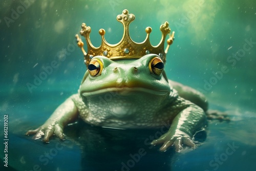 Adorable frog swimming in water with a regal headpiece. Generative AI