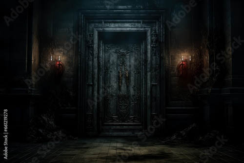 Horror door wall paper, dark romantic, classicist, moody totalism, dark bronze, nostalgic atmosphere.