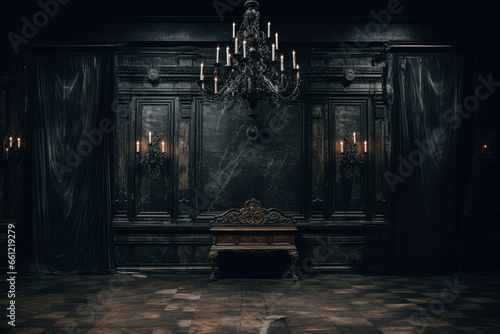 Haunted room wallpaper classical architecture, rustic texture, black background, grandiose composition.