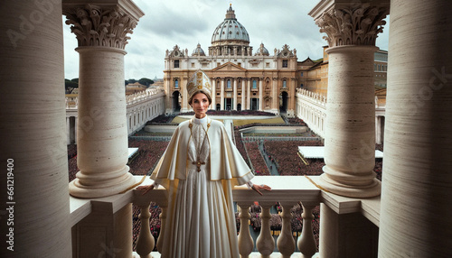 Photo Portrait of a Female Pope at the Vatican. Generative AI.