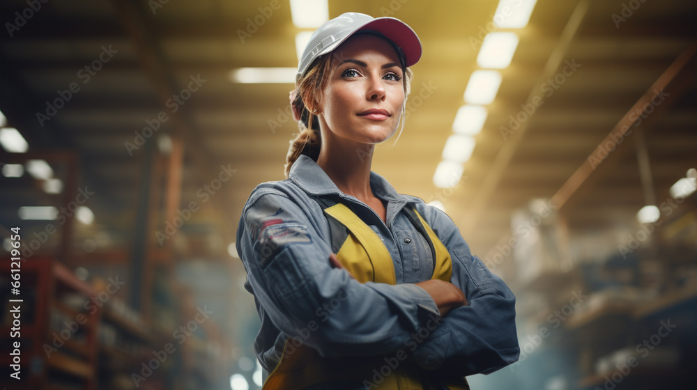 White woman manufacturing worker in facility with arms folded White woman manufacturing worker in facility with arms folded