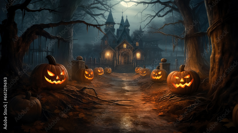 Halloween night in the countryside, Halloween scene with pumpkins on a path. - obrazy, fototapety, plakaty 