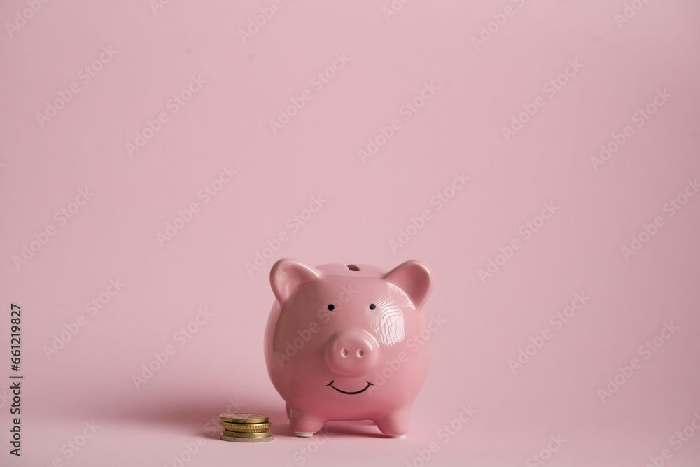 Cute pink piggy bank, close up view.