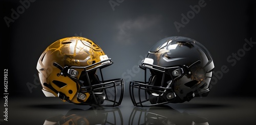 Two American football helmets on a dark background.
