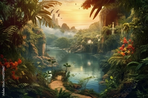 Mesmerizing tropical scenery with pathway through lush jungle  lake  and river. Captivating fairytale landscape. Generative AI