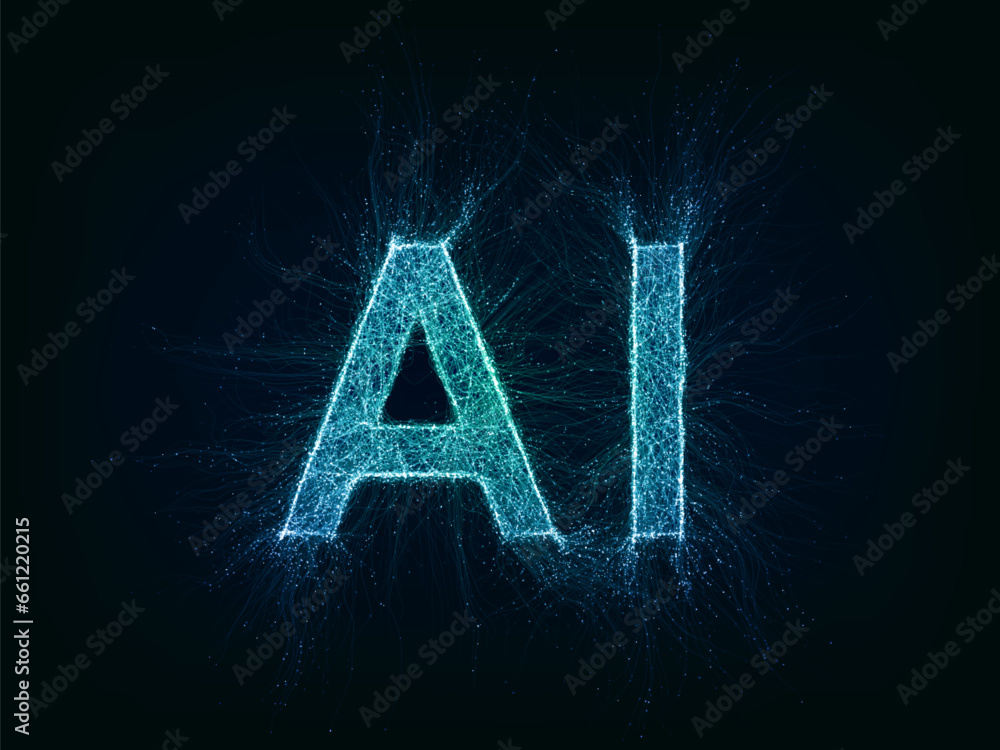Artificial intelligence futuristic word with thin expansion glowing lines. AI concept. Neural network, machine learning, quantum computer, big data. Overlay color, easy to change. Vector illustration