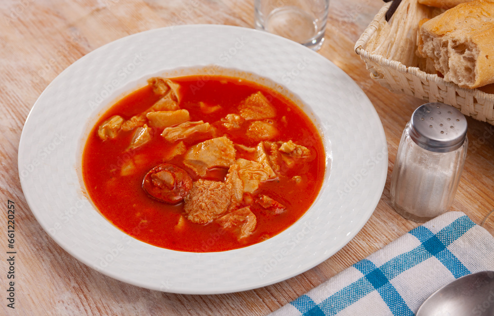 Traditional Spanish tripe dish Callos de ternera with tomato and paprika sauce