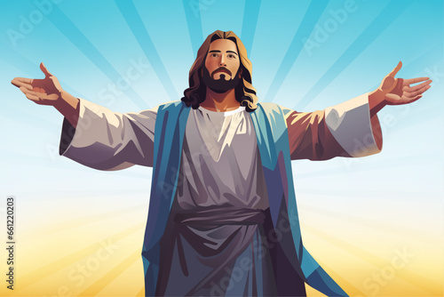 Realistic Jesus Christ with outstretched arms. Welcome you with open arms. Colorful, Vector illustration