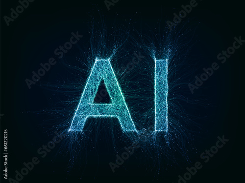 Artificial intelligence futuristic word with thin expansion glowing lines. AI concept. Neural network, machine learning, quantum computer, big data. Overlay color, easy to change. Vector illustration