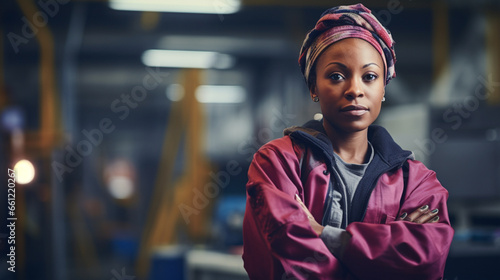 Black woman manufacturing worker in facility with arms folded © Ricardo Costa