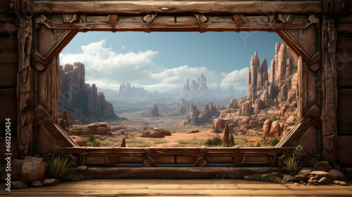 Old Wild West scene and canyon background.