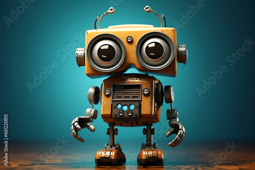 A cute vintage robot standing centered on a clean, teal-colored background.