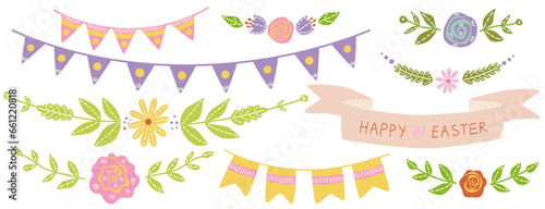vector easter ribbons easter borders hand drawn isolated cute spring cartoon clipart set: floral border, happy easter ribbon, floral frames, banner, pastel easter border clip art bundle collection
