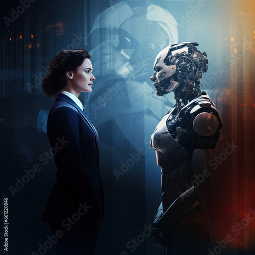 Profiles of a businesswoman and a robot looking at each other in a futuristic setting.