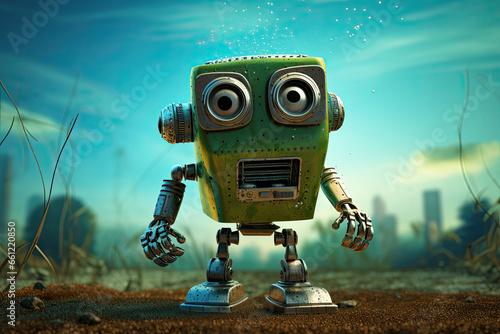 Adorable weathered vintage robot standing in a futuristic other-worldly landscape. 