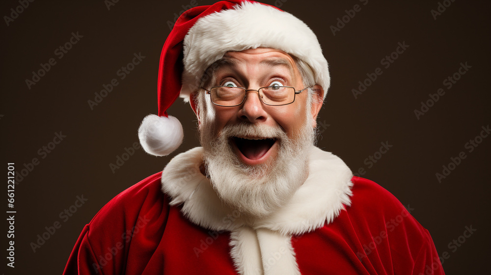 Real smiling Santa Claus, doing a shocked look on tan background Real smiling Santa Claus, doing a shocked look on tan background