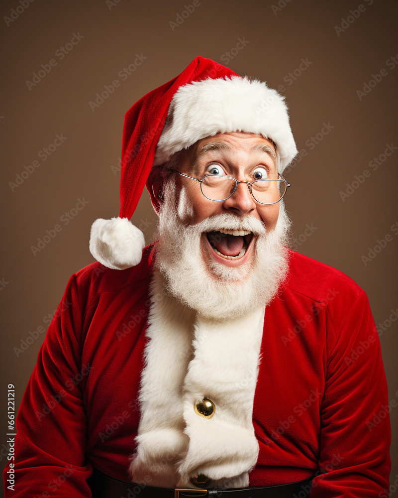 Real smiling Santa Claus, doing a shocked look on tan background Real smiling Santa Claus, doing a shocked look on tan background