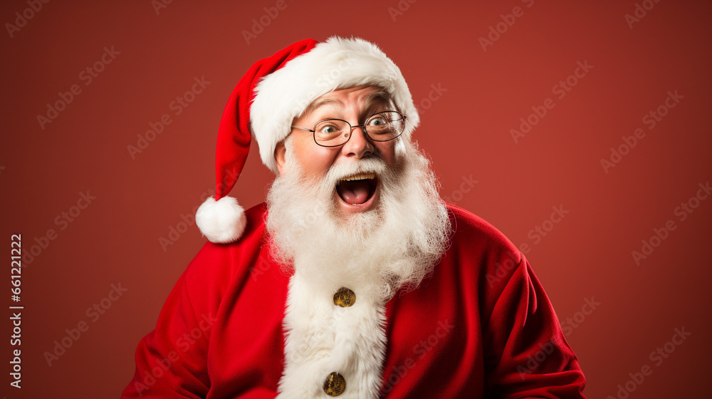Real smiling Santa Claus, doing a shocked look on tan background
