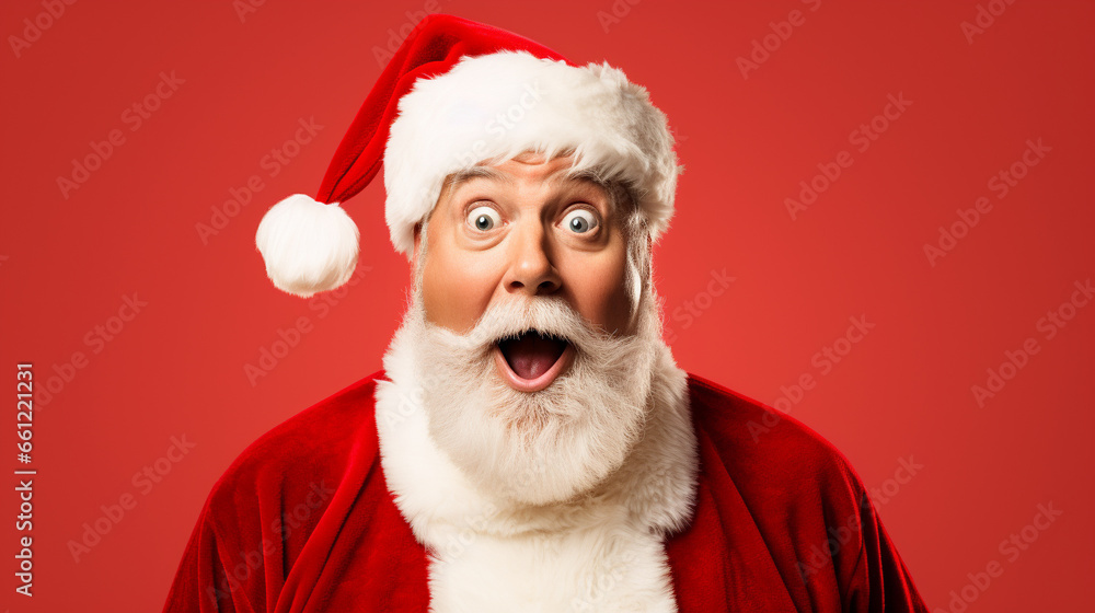 Real smiling Santa Claus, doing a shocked look on tan background Real smiling Santa Claus, doing a shocked look on tan background